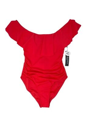La Blanca Island Goddess Red One-Piece Swimsuit Size 12 Off-the-Shoulder Ruffled